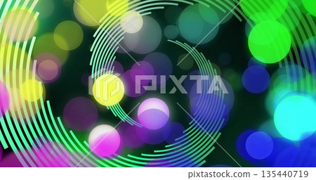 Swirling concentric arc spirals intersecting against dark base with multicolor blurred orbs Swirling concentric arc spirals intersecting against dark base with multicolor blurred orbs 135440719