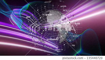 Rendering translucent 3D globe rotating in digital dataverse, showing grid lines and neon waveforms Rendering translucent 3D globe rotating in digital dataverse, showing grid lines and neon waveforms 135440720