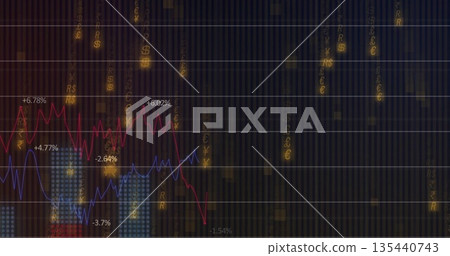 Displaying fuchsia and blue graphs on gridlines with glowing currency symbols on dark trading panel Displaying fuchsia and blue graphs on gridlines with glowing currency symbols on dark trading panel 135440743