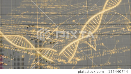 Floating golden DNA double helix strands over data grid with code snippets, line graph percentages 135440744