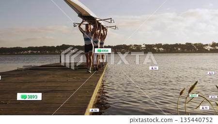 Four rowers carrying shell overhead on wooden dock at golden hour, with digital icons, copy space Four rowers carrying shell overhead on wooden dock at golden hour, with digital icons, copy space 135440752