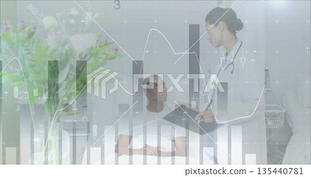 Talking doctor in white coat stethoscope holding clipboard, pen with patient in office, with charts Talking doctor in white coat stethoscope holding clipboard, pen with patient in office, with charts 135440781