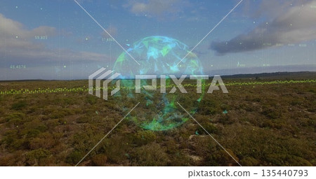 Floating holographic sphere hovering over scrubland, with polygon fragments and numeric overlays Floating holographic sphere hovering over scrubland, with polygon fragments and numeric overlays 135440793