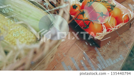 Displaying shallow tray holding vine tomatoes on wooden market stall, with data overlay, copy space Displaying shallow tray holding vine tomatoes on wooden market stall, with data overlay, copy space 135440794