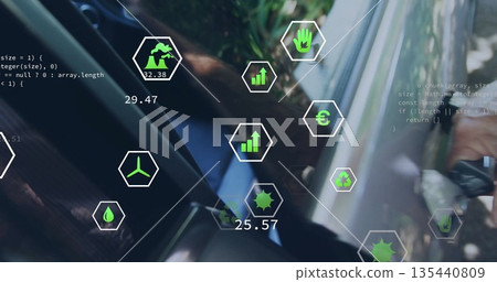 Gripping car door handle, man wearing suit with wristwatch at roadside, with floating hexagon icons 135440809