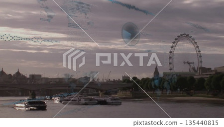 Rotating London Eye Ferris wheel above River Thames, boats, Big Ben, digital holograms, copy space 135440815