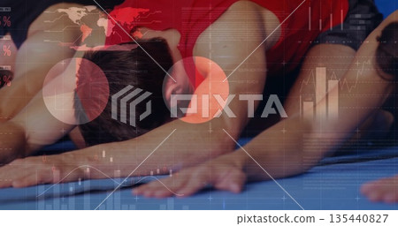 Stretching forward three men on blue yoga mat wearing athletic tops, with data overlays 135440827