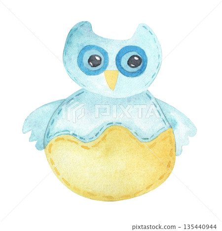 Handmade toy blue owl illustration isolated from the background. Cartoon Kids animals. For baby shower invitations, sticker, textile design, sticker, scrapbooking and other ideas Handmade toy blue owl illustration isolated from the background. Cartoon Kids animals. For baby shower invitations, sticker, textile design, sticker, scrapbooking and other ideas 135440944