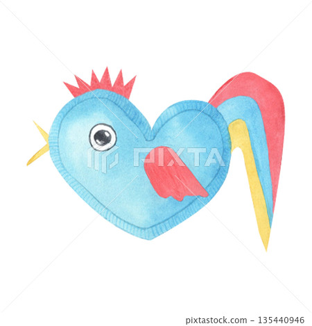 Watercolor illustration a cute cockerel isolated from the background. A handmade soft toy in warm blue tones. Perfect for baby products, kindergarten decor, baby shower invitations and greeting cards. 135440946