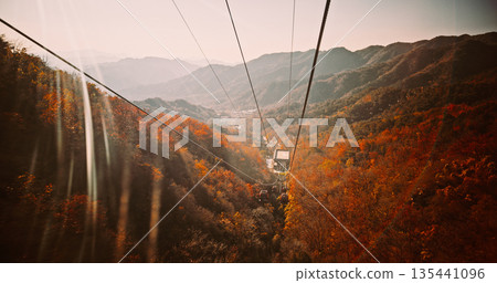 Aerial View of Cable Cars Over Autumnal Mountain Range 135441096