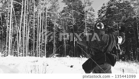 Historical Re-enactment Black And White . 4K Re-enactor Dressed Historical Re-enactment Black And White . 4K Re-enactor Dressed 135441099