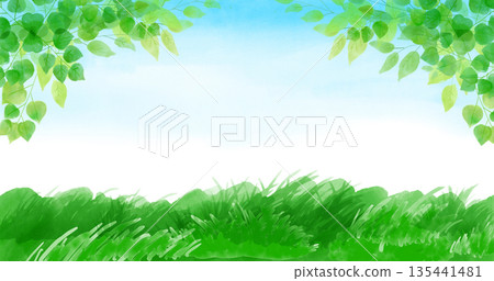 清新綠色和藍色天空手繪插畫背景 135441481