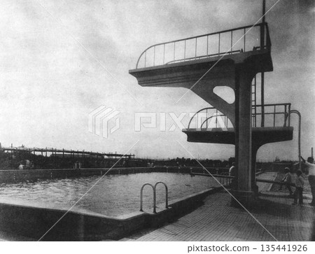 Prewar and wartime architecture, modern architecture, swimming pool Prewar and wartime architecture, modern architecture, swimming pool 135441926