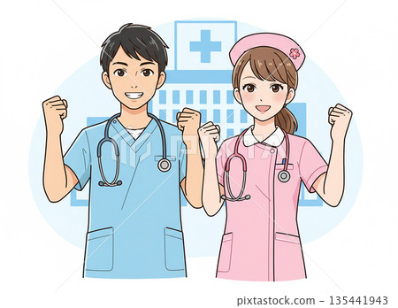 Illustration of young male and female nurses 03 135441943