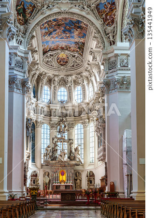 Passau, Germany - Apr 16, 2025: Interior of St. Stephans cathedral in Passau, Germany with famous organ pipes 135441949