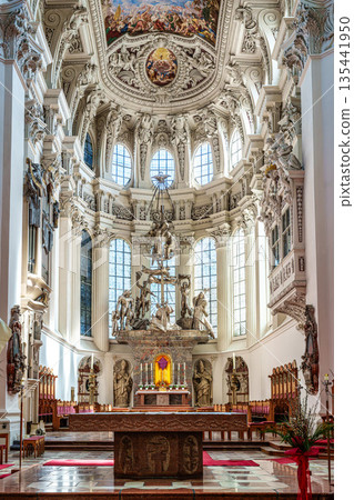 Passau, Germany - Apr 16, 2025: Interior of St. Stephans cathedral in Passau, Germany with famous organ pipes 135441950