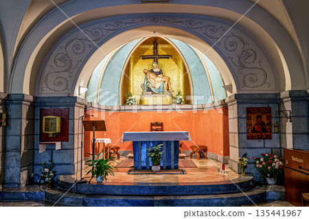 Lourdes, France - Sep 28, 2025: Interior of the Chapel of Our Lady of Sorrows in Lourdes, France 135441967