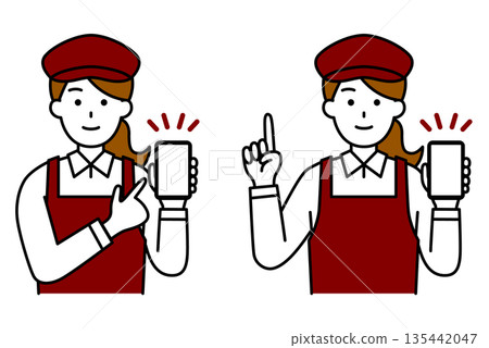 A female cafe employee showing her smartphone screen. Set A female cafe employee showing her smartphone screen. Set 135442047