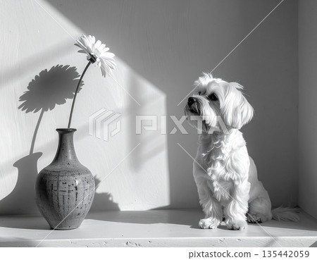 一隻白色的馬爾濟斯犬站在陽光和陰影中 135442059