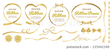 Simple gold ribbon: A luxurious title frame with a gold curved ribbon: A simple ribbon design set Simple gold ribbon: A luxurious title frame with a gold curved ribbon: A simple ribbon design set 135442340