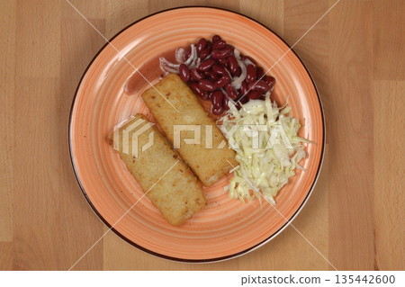 Fried Fish with Salad and Beans Fried Fish with Salad and Beans 135442600