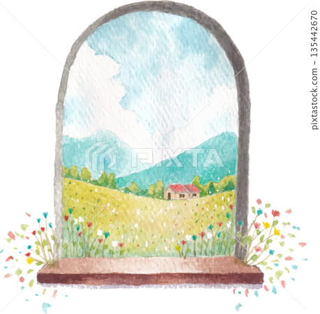 A window overlooking the mountains outside. 135442670