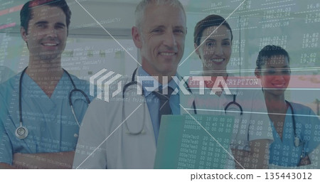 Standing medics in scrubs and lab coats reviewing code overlay in hall with tablet and stethoscopes 135443012