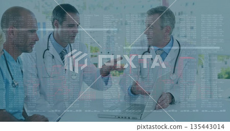 Analyzing data, three doctors in lab attire meeting in conference room with laptop and stethoscopes Analyzing data, three doctors in lab attire meeting in conference room with laptop and stethoscopes 135443014
