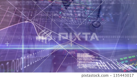 Displaying analytics interface overlaying computer screen, with binary streams and ticker symbols Displaying analytics interface overlaying computer screen, with binary streams and ticker symbols 135443017