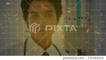 Standing doctor in labcoat in clinic, with stethoscope, outlets, grid overlay, orange particles 135443018