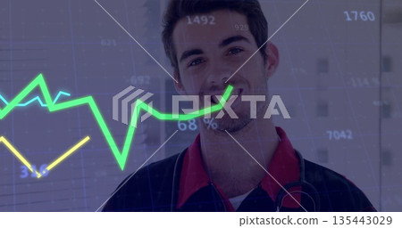 Standing male doctor wearing navy jacket in corridor with stethoscope and grid-chart overlay Standing male doctor wearing navy jacket in corridor with stethoscope and grid-chart overlay 135443029