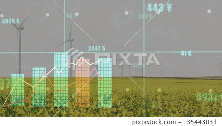 Displaying bar graphs and line charts merging at wind farm with yellow flowering field and turbines Displaying bar graphs and line charts merging at wind farm with yellow flowering field and turbines 135443031
