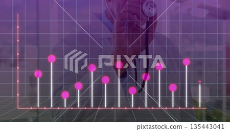 Holding stethoscope, male doctor analyzing bar chart overlay with coral data line in exam room 135443041