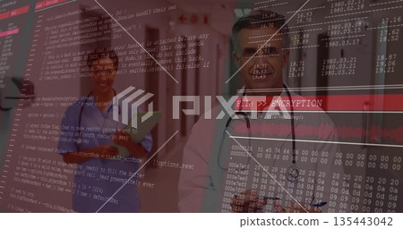 Walking senior male doctor leading colleague down hospital corridor, with tablet and code overlay Walking senior male doctor leading colleague down hospital corridor, with tablet and code overlay 135443042