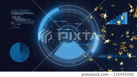 Showing radar interface on virtual grid, with code snippet, pie chart, star bar chart and waveform 135443056