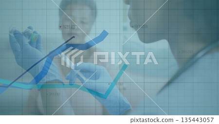 Gloved nurse in scrubs drawing from vial into syringe at clinic, with chart overlays, copy space 135443057