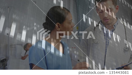 Doctor and nurse analyzing digital patient data overlay in hospital ward, with clipboard Doctor and nurse analyzing digital patient data overlay in hospital ward, with clipboard 135443081