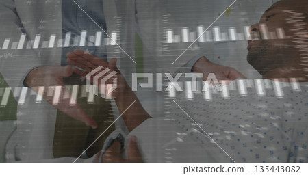 Monitoring doctor holding blood pressure cuff on patient in hospital room, with bar chart overlay Monitoring doctor holding blood pressure cuff on patient in hospital room, with bar chart overlay 135443082