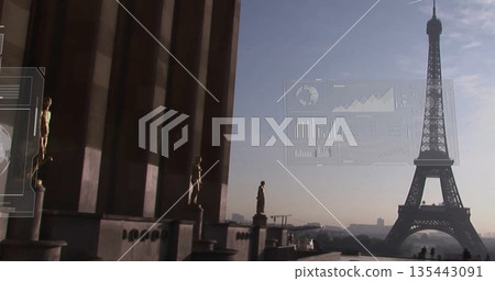 Standing adult male wearing beige trench coat on stone balustrade, with Eiffel Tower and holograms 135443091