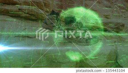 Resting tactical hiking boots sitting on sandstone slab at desert canyon, with green HUD overlay Resting tactical hiking boots sitting on sandstone slab at desert canyon, with green HUD overlay 135443104