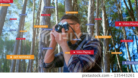 Aiming photographer shooting film camera in pine forest, with translucent notification labels 135443261