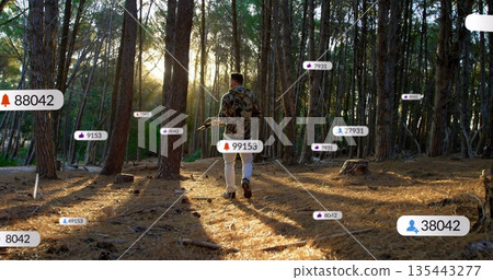 Walking man in camo jacket through pine forest at golden hour, with camera gimbal, floating badges Walking man in camo jacket through pine forest at golden hour, with camera gimbal, floating badges 135443277