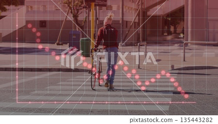 Walking man in red hoodie pushing bicycle across zebra-striped crosswalk, with red data overlay Walking man in red hoodie pushing bicycle across zebra-striped crosswalk, with red data overlay 135443282