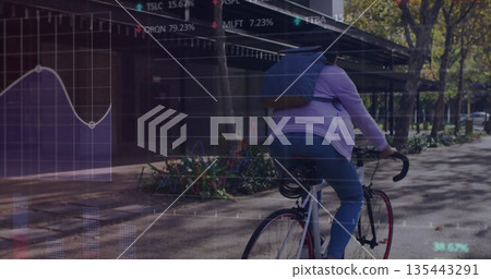 Pedaling woman in purple hoodie wearing helmet riding bike along city path, with financial graphs Pedaling woman in purple hoodie wearing helmet riding bike along city path, with financial graphs 135443291