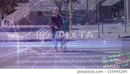Walking male pushing bicycle across zebra-striped crosswalk, with financial charts and code overlay Walking male pushing bicycle across zebra-striped crosswalk, with financial charts and code overlay 135443294