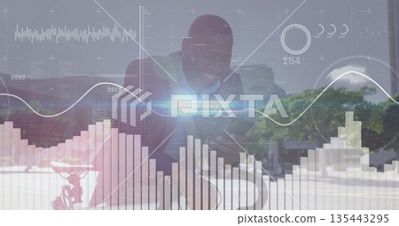Smiling mature man holding smartphone at outdoor cafe table, with parked bicycle and data overlays Smiling mature man holding smartphone at outdoor cafe table, with parked bicycle and data overlays 135443295