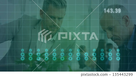Leaning businessmen pointing chessboard positions at office table, with grid overlay showing 143 135443299