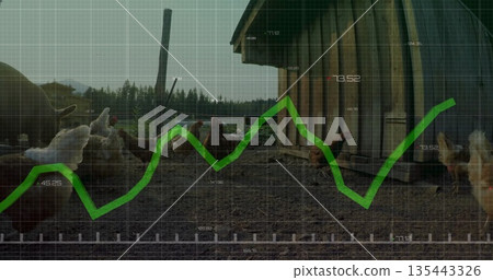Roaming free-range chickens foraging on farmyard, with wooden henhouse and green data graph overlay 135443326