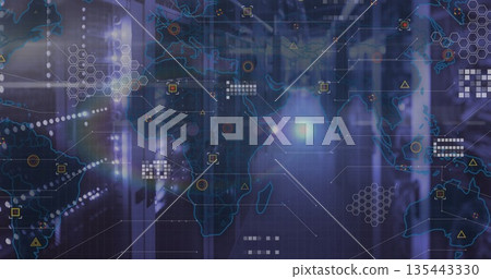 Displaying data center corridor, with server cabinets, LED lights and digital world map overlay 135443330