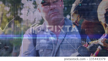 Showing falconer in khaki vest and cap holding hawk on glove amid trees, with digital overlay Showing falconer in khaki vest and cap holding hawk on glove amid trees, with digital overlay 135443379